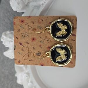 Classic Victorian Coin Butterfly French Hook Earrings In Black & Gold, NWT